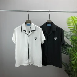 2024 summer New Men's Casual CampCollar Short Sleeve Shirts Simplicity white and black Solid color Hawaiian Beach Silk Shirts