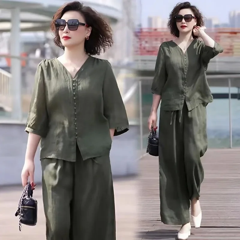 Summer Fashion Silk And Linen Set 2024 New Summer Casual Korean Version Mother Top Collar Revealing Wide Leg Pants Two-Piece Set