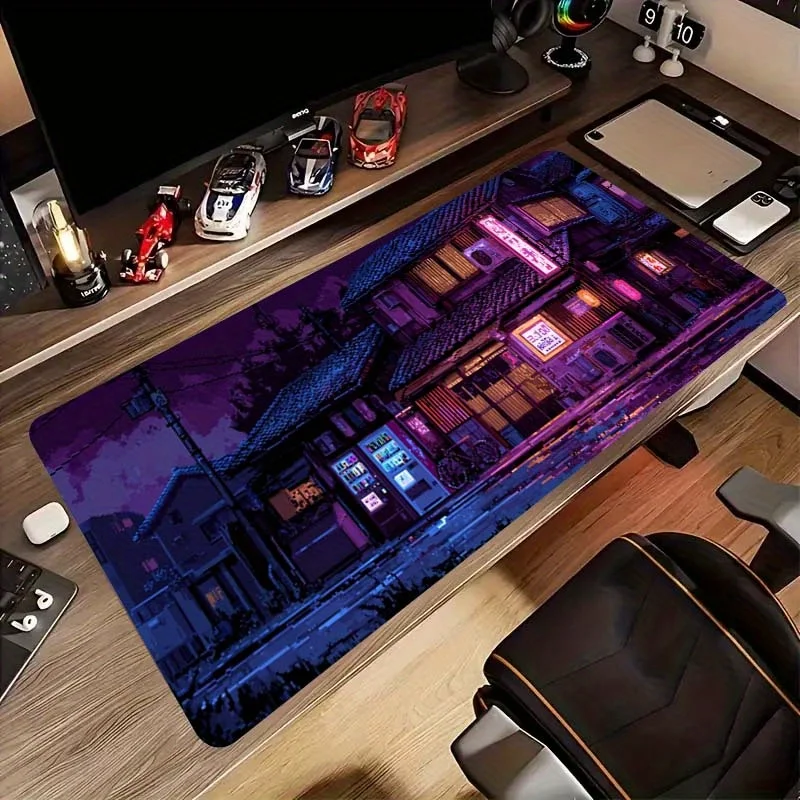Pixel Art Japanese Street Scene Extended Gaming Mouse Pad Non-Slip Rubber Desk Mat for Gamers Office
