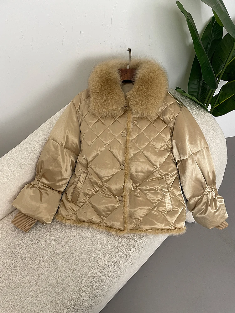 2025 المرأة الشتاء 90% الأبيض بطة أسفل معطف الثعلب الفراء طوق المنك أسفل سترة قصيرة فضفاضة عادية سميكة معاطف دافئة #2