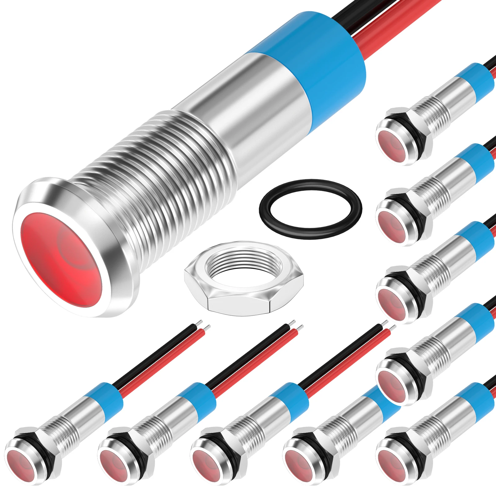 10PCS LED Indicator Light 12V Red LED 6MM Metal Waterproof 12 Volt Indicator Light 1/4
