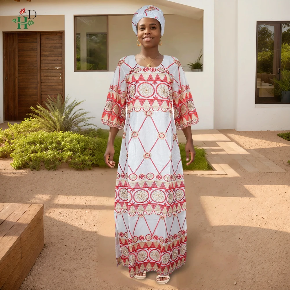 

H&D Traditional Dress Women's Gown Plus Size Embroidered Robe 3/4 Sleeves with Headwrap For Church Casual Events Celebrations