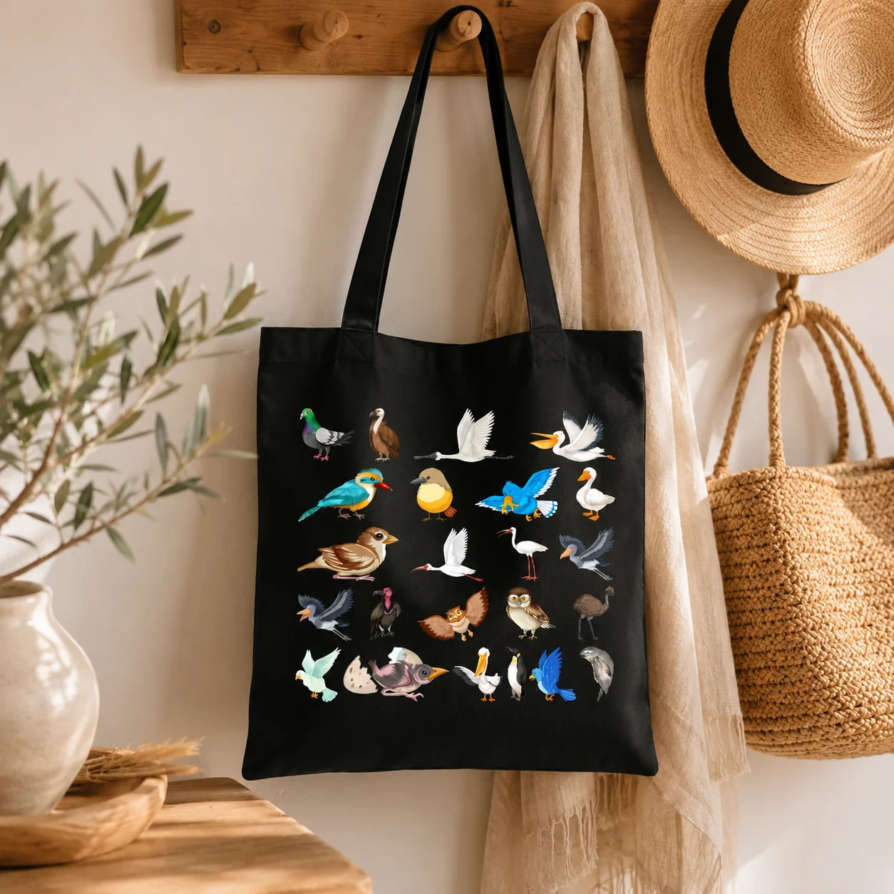 Bird Species Collection Canvas Tote Bag Various Cute Bird Graphic Print Shoulder Bag Casual‑Reusable Shopping Handbag
