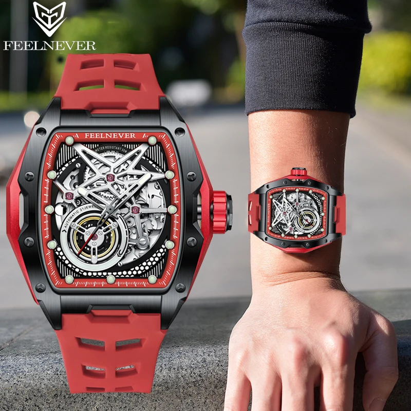 

FEELNEVER Skeleton Mechanical Watches for Mens Fashion Viton Strap Rectangle Waterproof Top Brand Luxury Man Watch Reloj Hombre