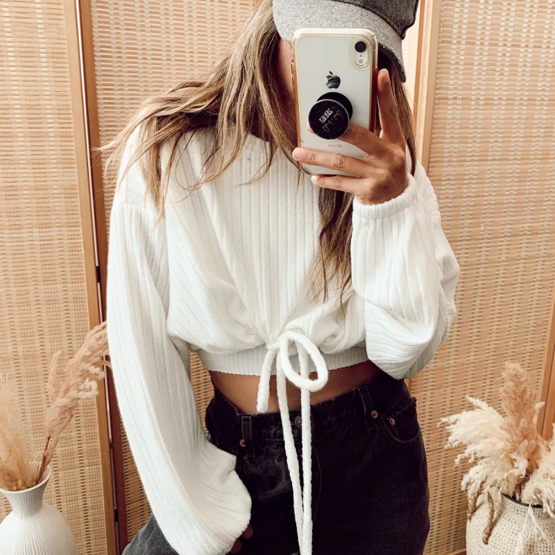 

Women Long Sleeve Drawstring Sweatshirt Crop Top Fashion Round Neck Solid Color Tops Clothes for Ladies Female Autumn Spring New