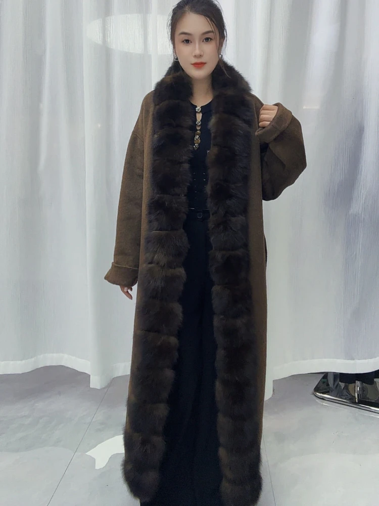 Women Outerwear Double Face Wool Blend Maxi Length Oversized Loose Fit Plush Fur Trim Overcoat Warm Commuting Daily Fall Winter