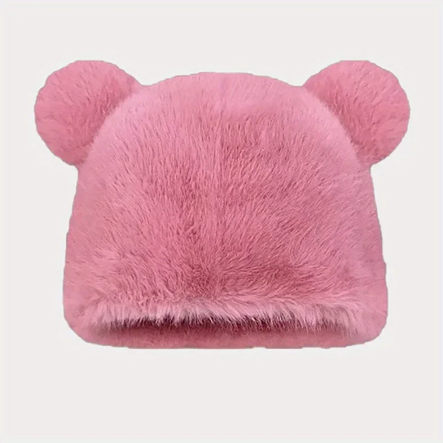 Winter Solid Cute Bear Ears Beanies Hat Adult Soft Plush Faux Fur Thicken Women Outdoor Ear Protection Hat Female Skullies Hat