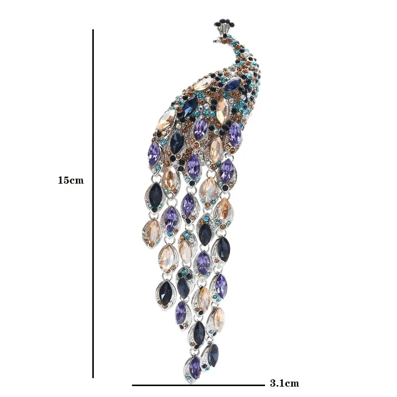 Wuli&baby Luxury Crystal Tassel Peacock Women Winter Brooch Pin Jewelry For Coat and Dress