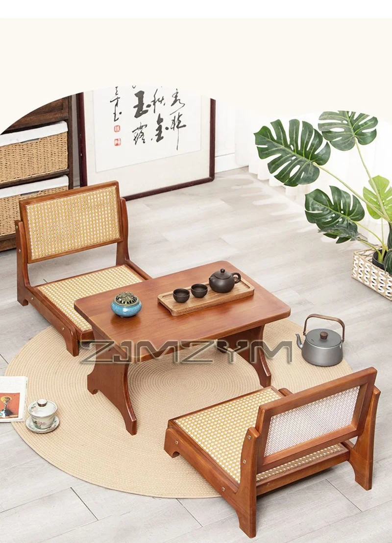 Japanese Retro Tatami Bay Window Low Stool,Solid Wood Rattan Woven Backrest Tea Table Comfortable Backrest Tea Room Chairs, Sofa