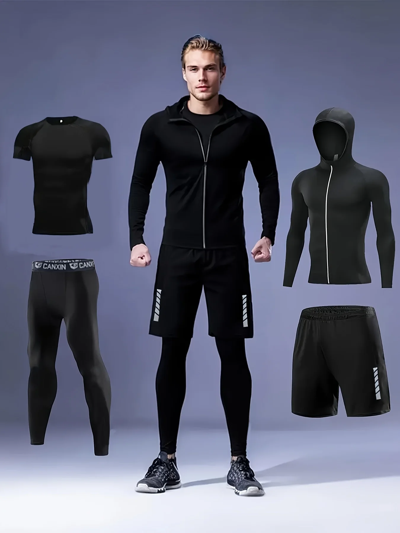 

Мужской костюм для фитнеса Компрессионный спортивный костюм Комплект из 4 предметов, короткие рукава и шорты, куртка с капюшоном на молнии и колготки