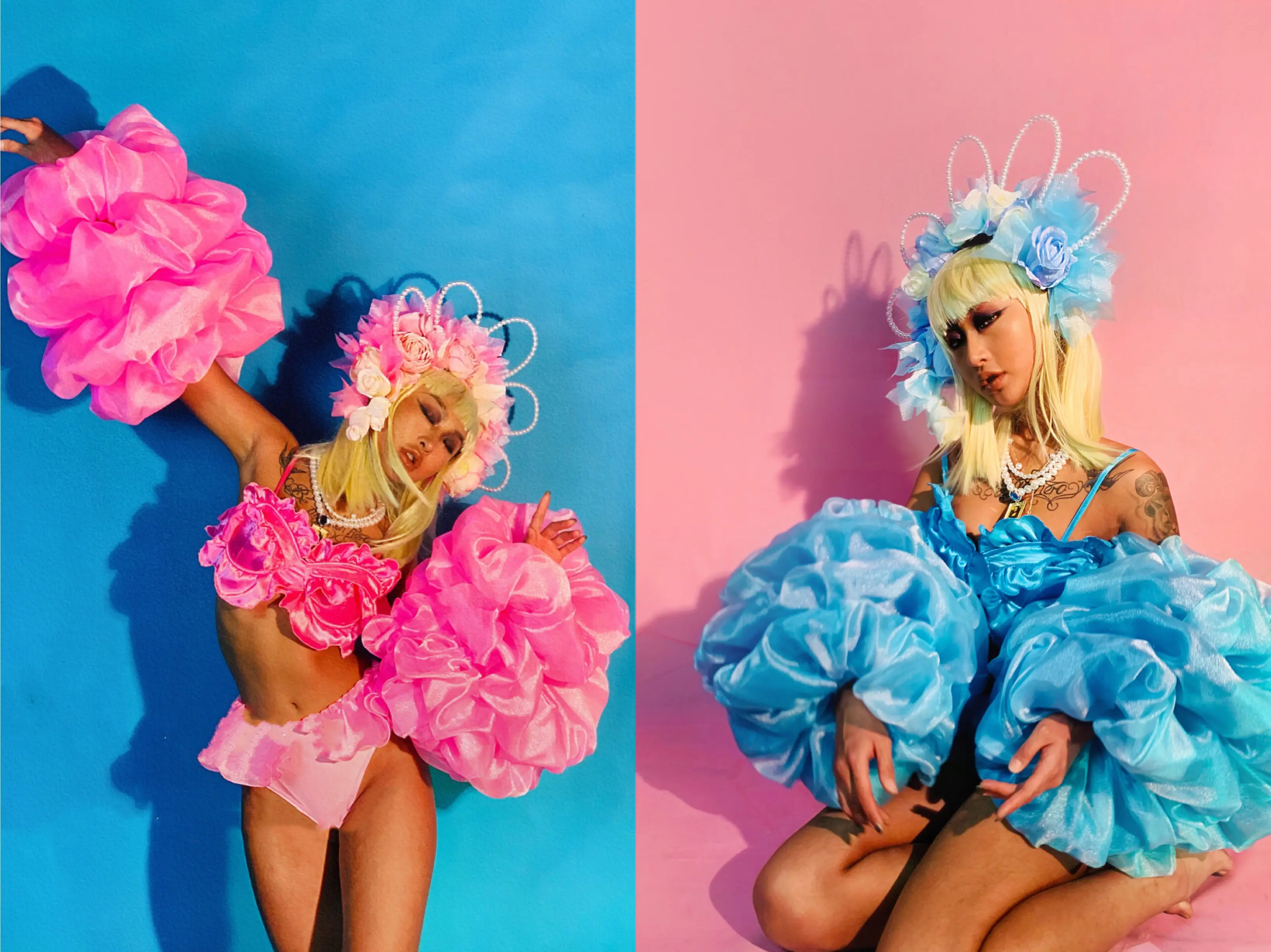 Women Evening Party Outfit Shining pink blue Oversized Flower Puff Sleeve Yarn Lace Bikini Singer Gogo Stage Costume