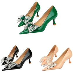 Plus Size Women 5.5cm High Heels Pink Green Cinderella Pumps Lady Luxury Rhinestone Butterfly Knots Party Low Kitten Heels Shoes