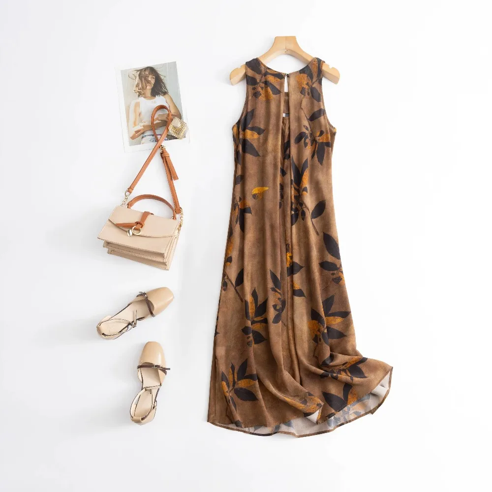 2025年レディースファッション新スタイル100%天然桑絹03クレープデシンラウンドネックナチュラルウエストプリントベストドレス