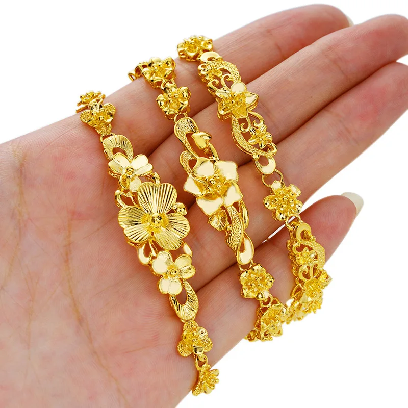 AU999 Euro Gold Flower Bracelet Women's 24K Gold - Anti-deform gold, durable band, flower symbolizes romance