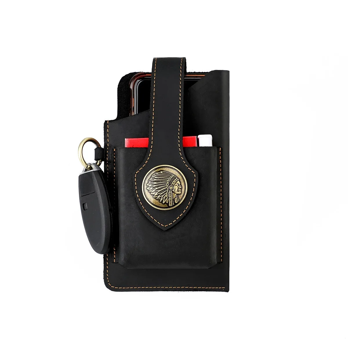 Crazy Horse Leather Waist Phone Holder, Belt Mount Phone Pouch, Multi Pocket Belt Pouch Store Phone Cigarette Car Keys for Men