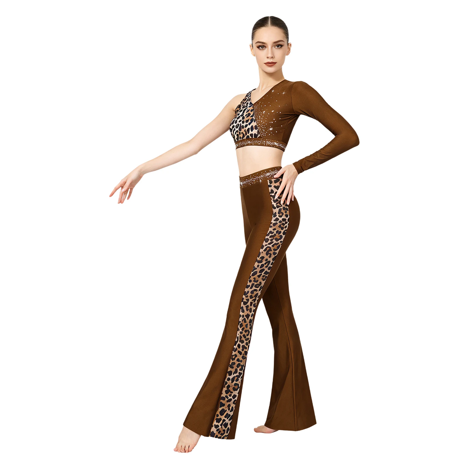 Womens Latin Jazz Tango Dance Outfit Shiny Rhinestone Leopard Print Crop Top with Flared Pants Ballet Skating Gymnastics Costume