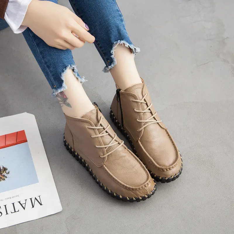Giày Da Thật Nữ Thu Đông Phối Ren Giày Oxford Size Lớn 42 Người Phụ Nữ Mùa Đông Bộ Lông Ngắn Boot Nữ Chống Thấm Nước mắt Cá Chân Giày