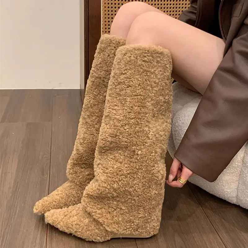 

High Boots for Women Hottie Girl Pointed High-heeled Fluffy Knee High Boots Winter Plush High-heel Warm Cotton Snow Boots Sexy