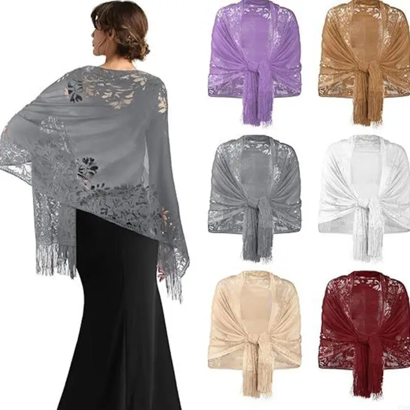 

72XE Elegant Tassels Shoulder Wrap Lace Scarf Hollowed Shawl For Women Spring Dress