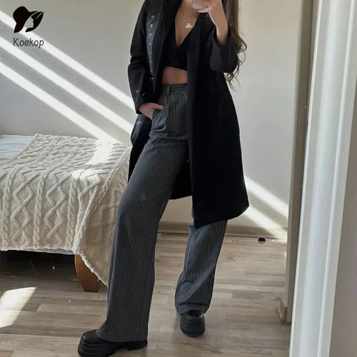Imagen 2 del producto Koekop, pantalones de traje holgados de cintura alta para mujer, pantalones de pierna ancha, pantalones formales para mujer, ropa de oficina, pantalones negros grises a rayas para mujer