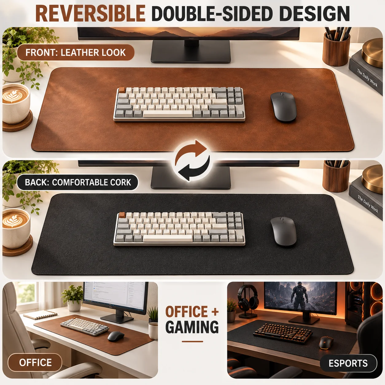 Double-Sided Cork Leather Desk Mat, Large 3-in-1 Waterproof Gaming Mouse Pad with Non-Slip Surface for Office Computer Tables