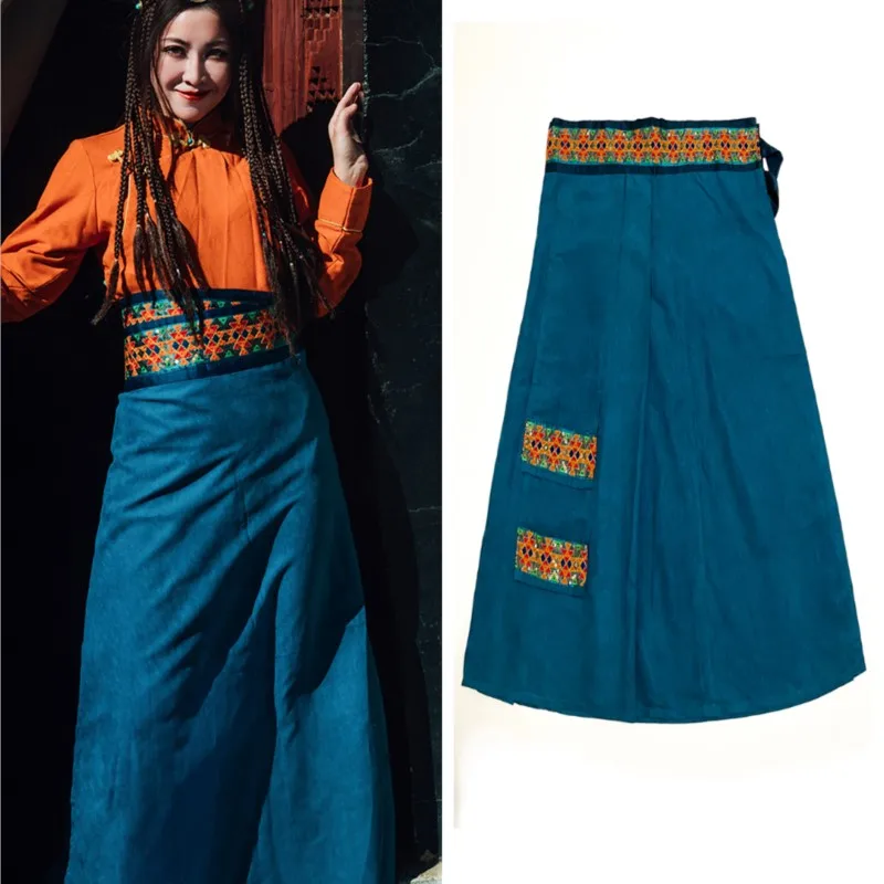 Western Tibetan Retro One-Piece Dress Wrap Skirt Women's Dark Blue Embroidered Dance