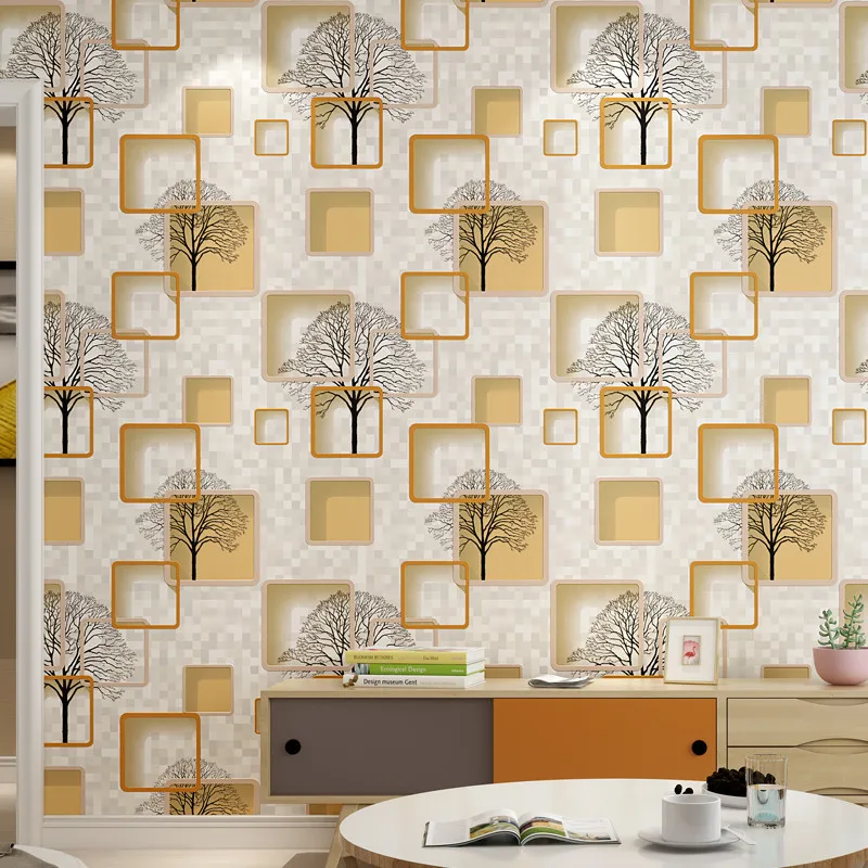 3D Square Frame Abstract Tree Wallpaper Modern Geometric Wall Paper Covering for Living Room TV Wall Hotel Interior Decoration