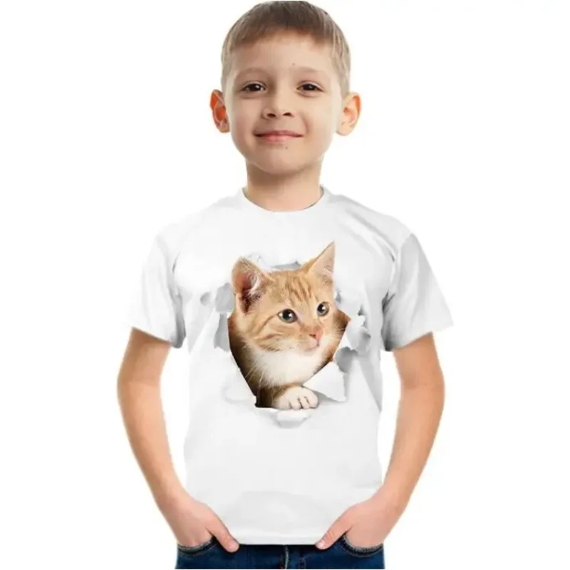 Summer Clothes Top Hoy Girl T-shirt 3D Animal Cat Print Personality Children Short-sleeved Shirt T-shirt Clothing