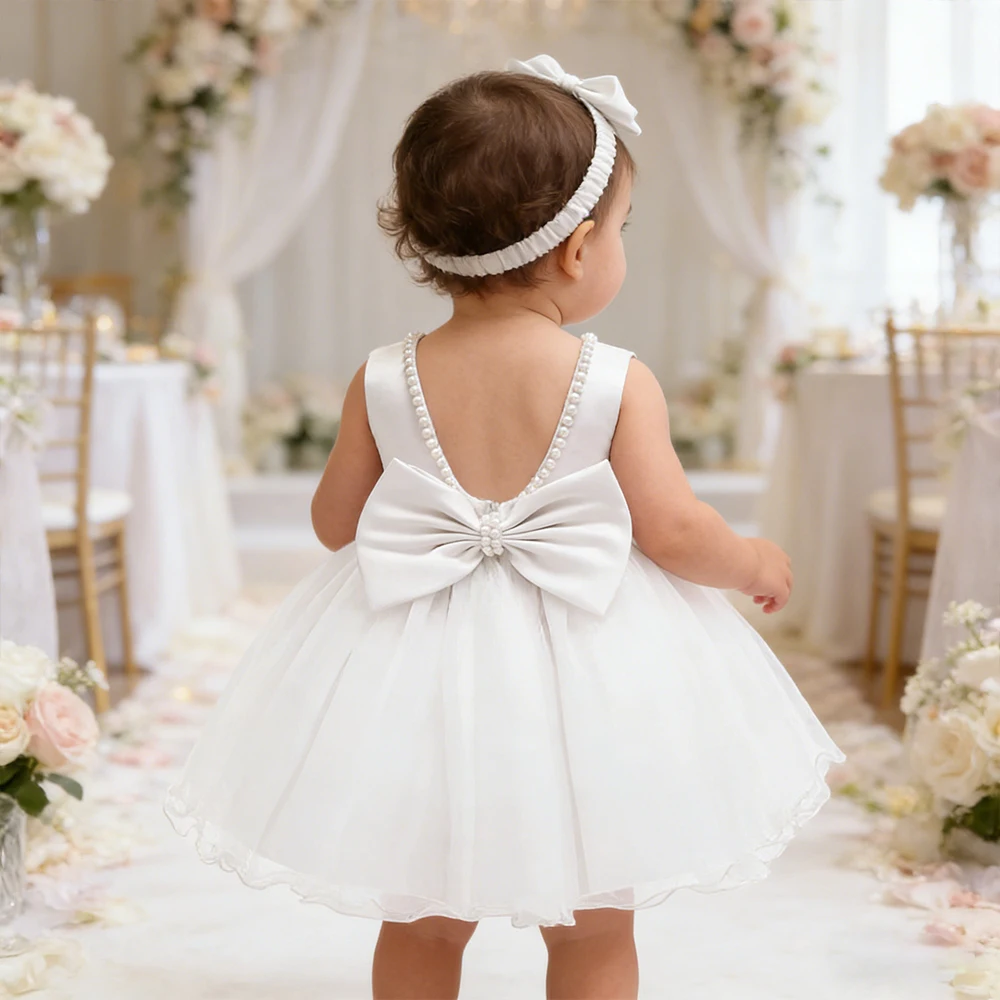 Toddler Flower Girl Tulle Princess Dress for Weddings Formal Baby Dresses 1st Birthday Party White Dress Baptismal Costume 0-24M