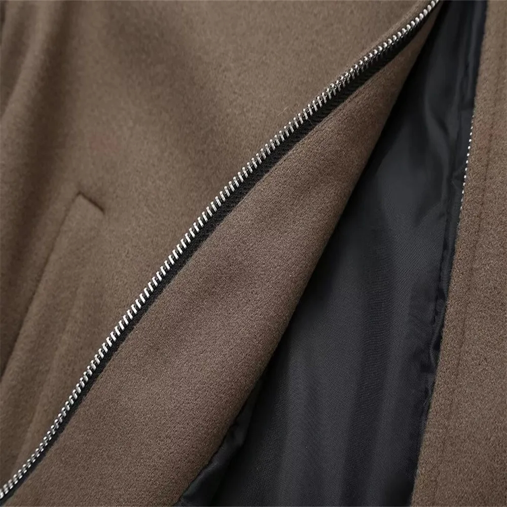 Vintage Solid Brown Turndown Collar Coats For Women Elegant Long Sleeves Zipper Loose Jacket Fashion Commute High Street Jackets