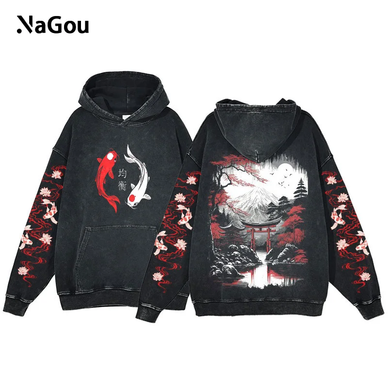 Y2K Harajuku Hoodie Men Ukiyoe Koi Fish Vintage Acid Wash Sweatshirt Hoodies Teen Hip Hop Long Sleeve Oversized Gothic Pullover