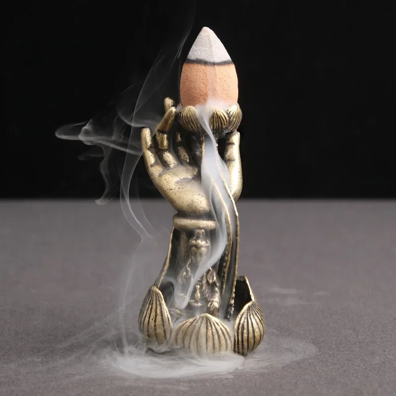 Brass Antique Buddha Hand Lotus Backflow Incense Home Decoration Incense Figurines Creative Miniatures Copper Office Ornaments