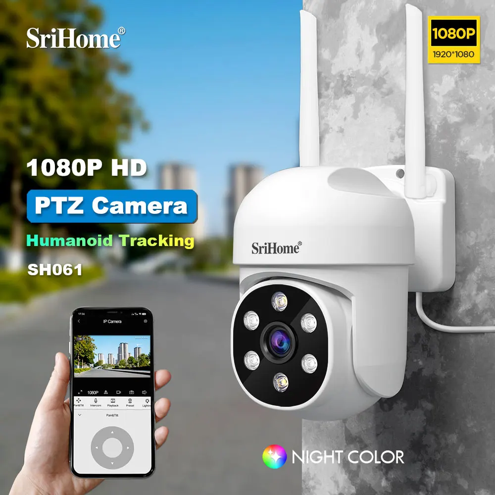 Srihome SH061 cámara de monitoreo inalámbrico PTZ AI 1080P cámara de seguridad para el hogar visión nocturna detección humana Video vigilancia CCTV