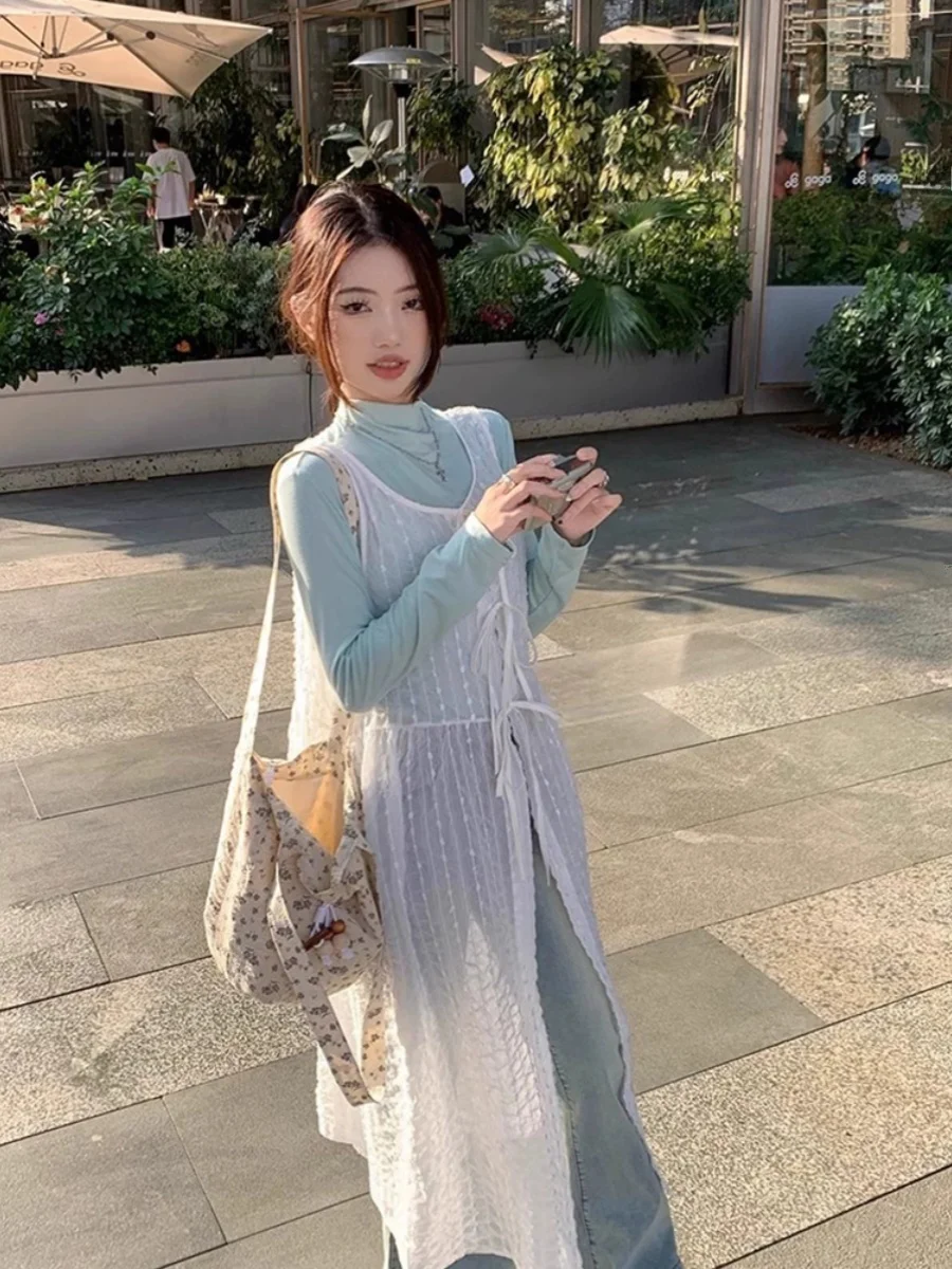 Lace See-through Long Vest Dress Women's Spring Inner Wear Sleeve T-shirt High Waist A-line Skirt U-neckline Pure Color Commu...