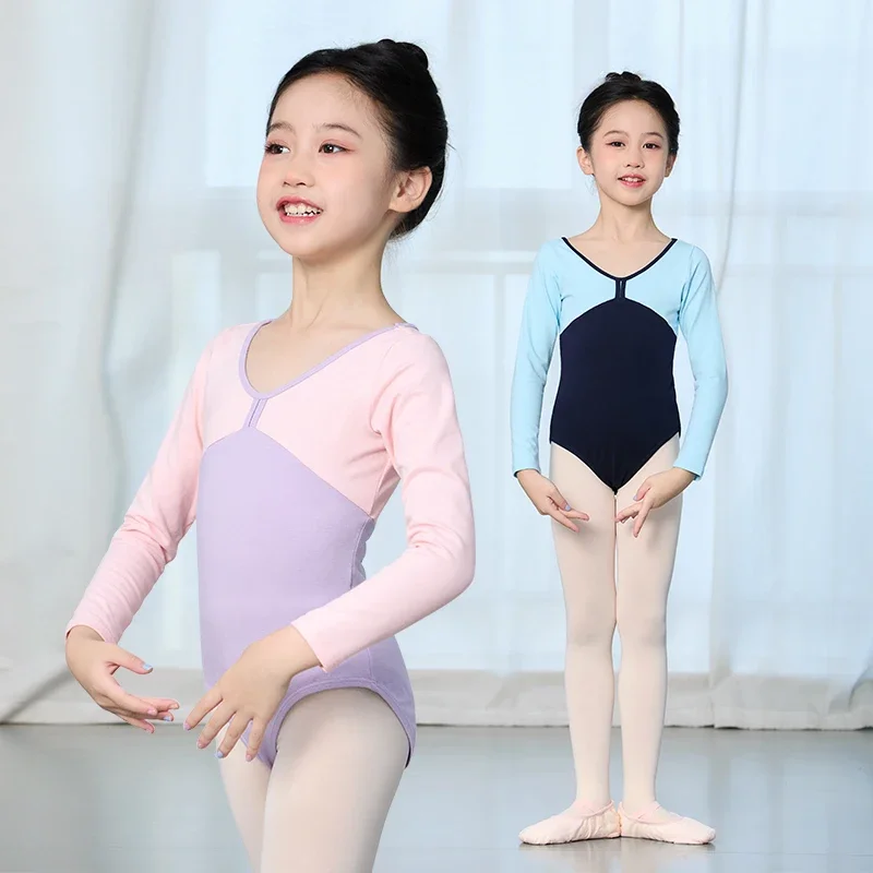 Autumn Girls Ballet Dance Leotards Contrast Color Splicing Long sleeve Kids Gymnastics Ballet Dance Costume