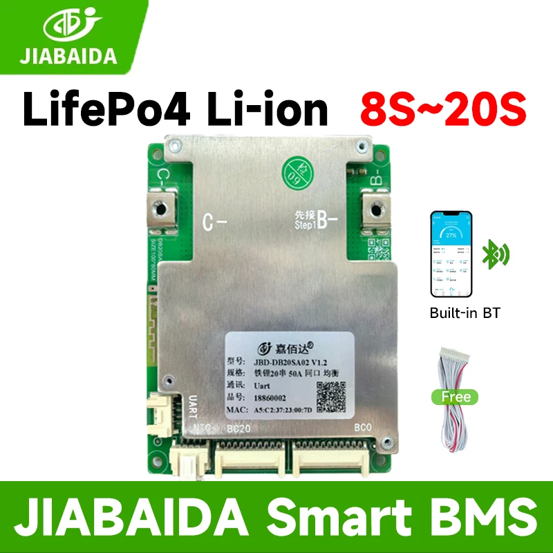 JBD BMS 8S 24V Lifepo4 36V 48V 60V 10S 13S 14S 16S 20S Li-ion 40a 50a 60a Built-in BT With UART NTC Balance JIABAIDA Smart BMS