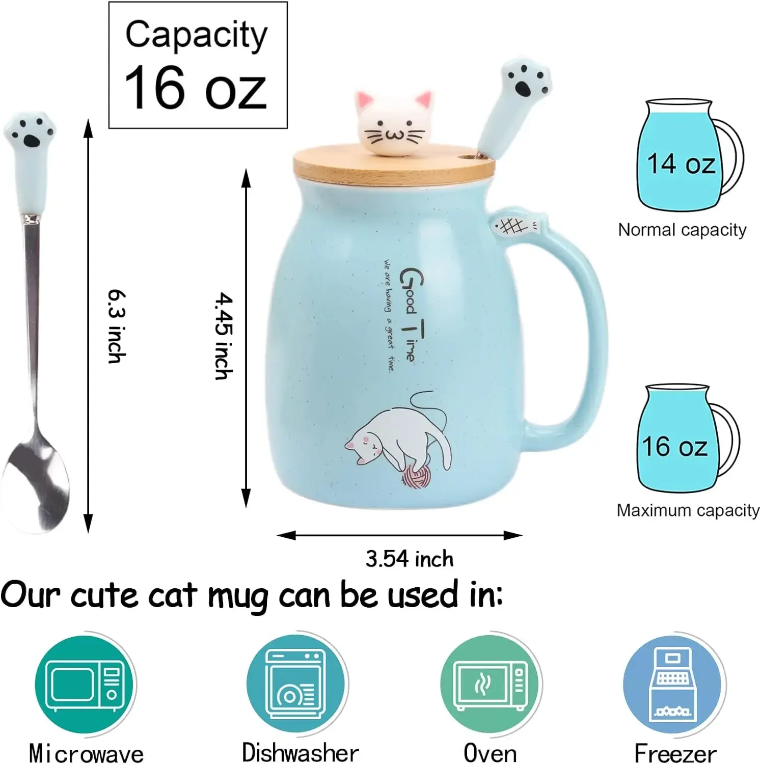 Kawaii فنجان شاي لطيف القط السيراميك القهوة القدح مع غطاء كيتي وملعقة النمط الياباني هدايا الجدة للنساء القط عاشق الهدايا 16 أوقية