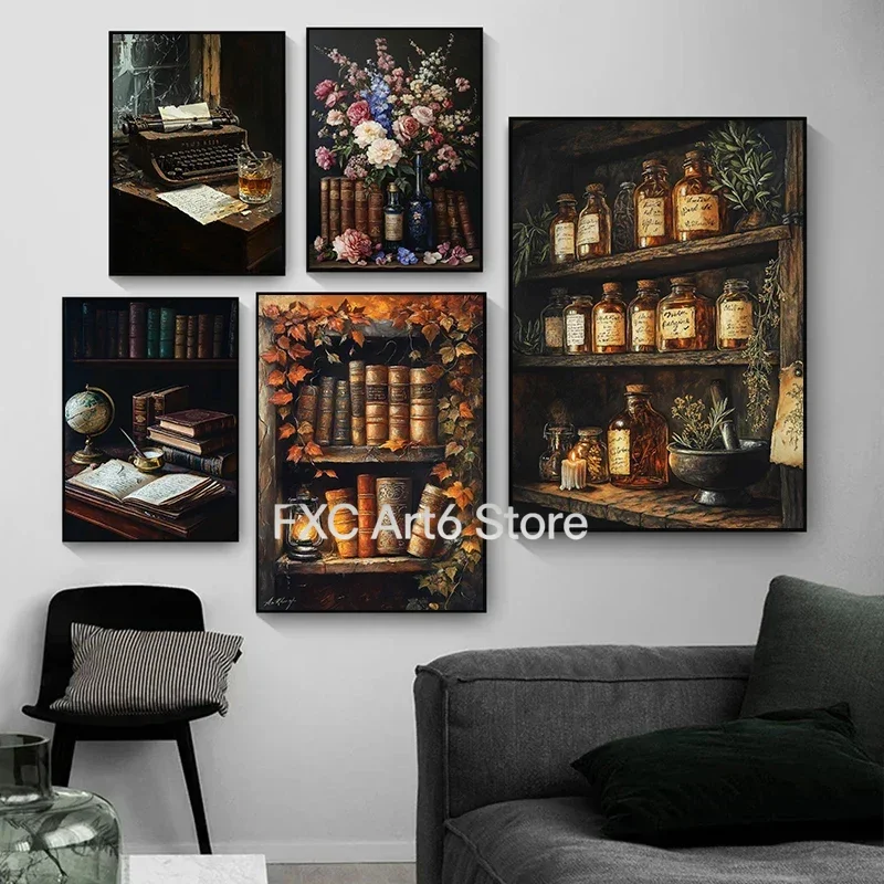1 Pieza, Cuadro sin Marco, Estilo Renacentista Oscuro, Farmacéutico, Libros, Estantería, Planta, Póster Retro, Impresiones en Lienzo, Arte de Pared, Cuadro para Sala de Estar