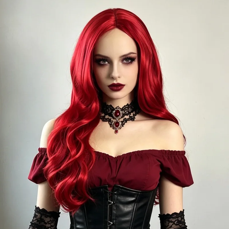 Red long curly hair synthetic wig for Halloween cosplay wig for costume party wig for role-playing wig for daily party headgear