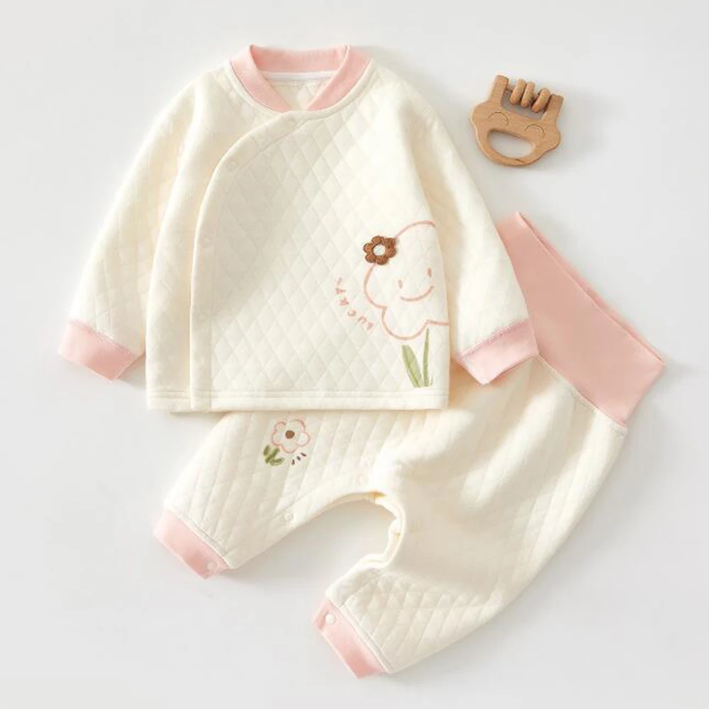 

Одежда для маленьких девочек, зимние стеганые теплые осенние комплекты одежды для младенцев, топы с длинными рукавами, брюки, рождественская одежда из двух предметов для малышей