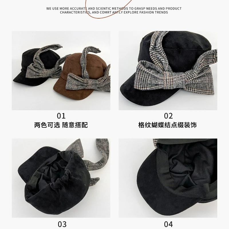 Nischen-Koreanische dreidimensionale Karomuster-Bow-Beret-Mütze, Herbst- und Winter-Modell, personalisierte, warme, literarische Malermütze im britischen Stil für Damen – Detail 6
