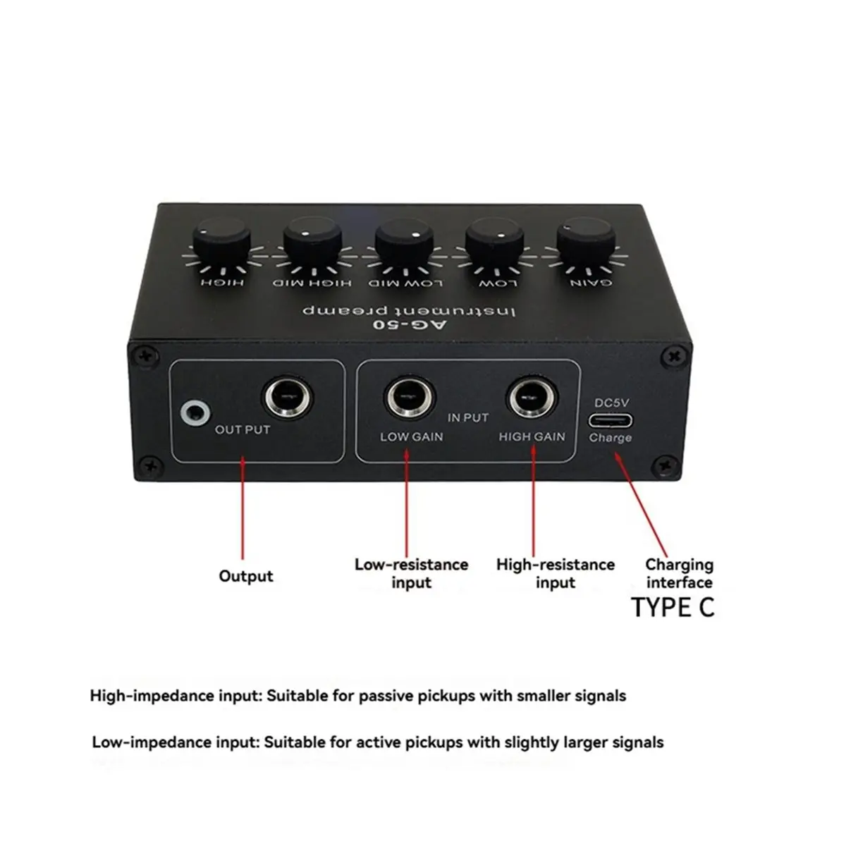 -50 Instrument Pre-Amplifier 4-Band Equalizer 6.35mm TR 3.5mm TRS Rechargeable Pre-Amplifier for Piezoelectric Pickups