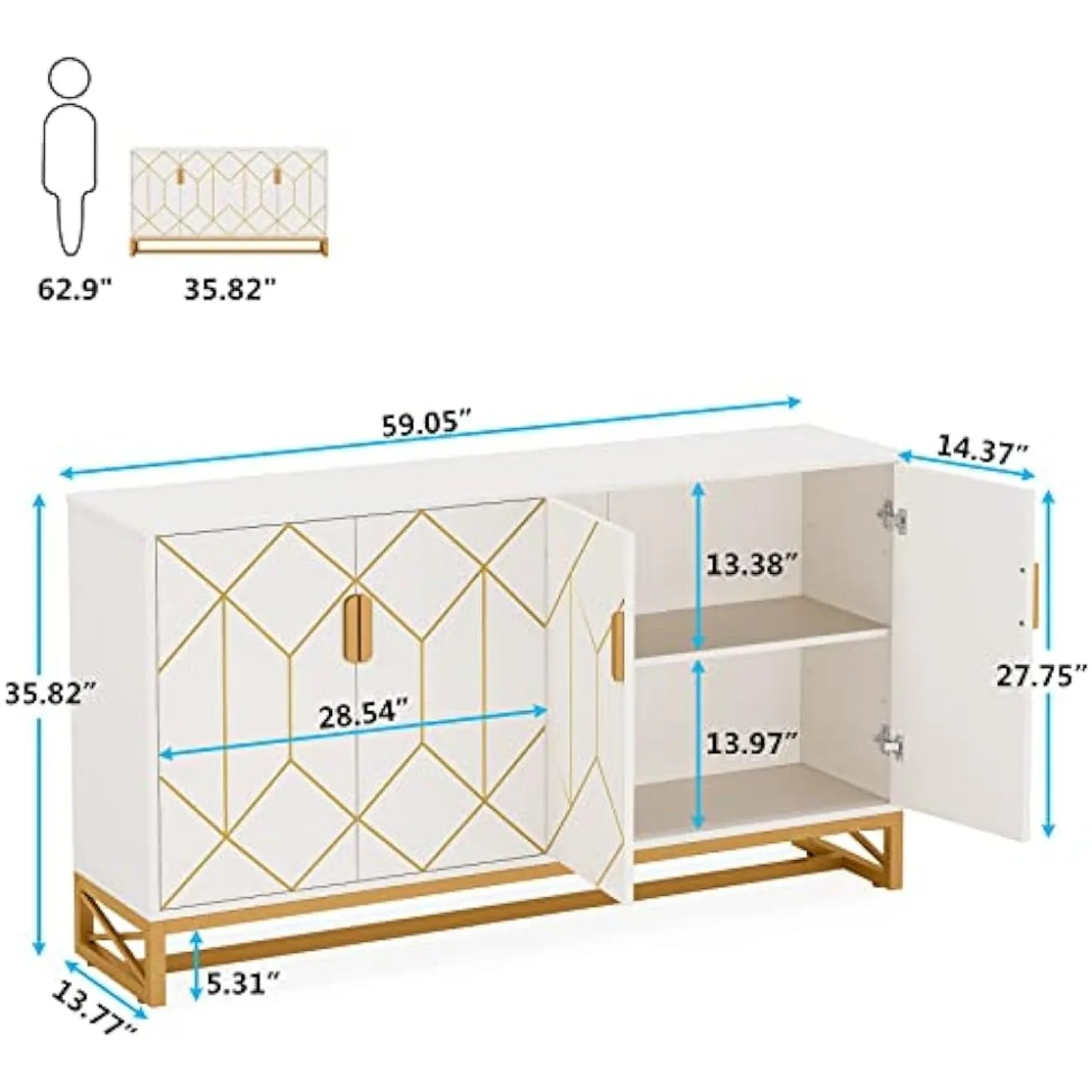 Storage Cabinet with Storage Shelves for Living Room, Modern Sideboard Buffets Cabinets Coffee Bar with Gold Metal Frame 4 Doors