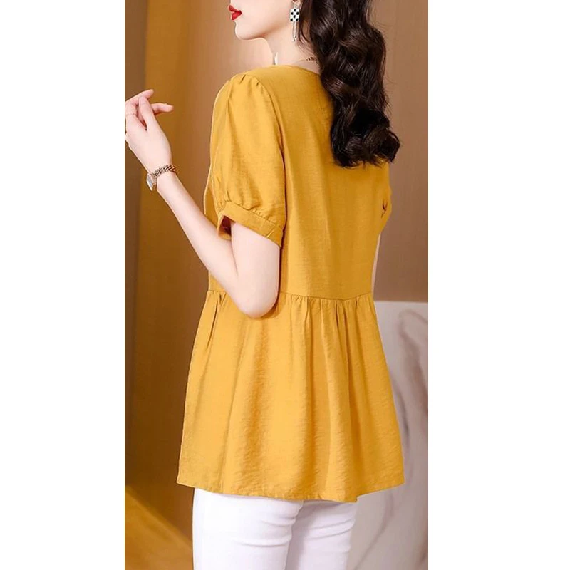 2024 Summer Women\'s Korean Fashion Ruffled Short Sleeve Blouse Office Lady Elegant Commute Shirt Casual Solid O Neck Loose Tops