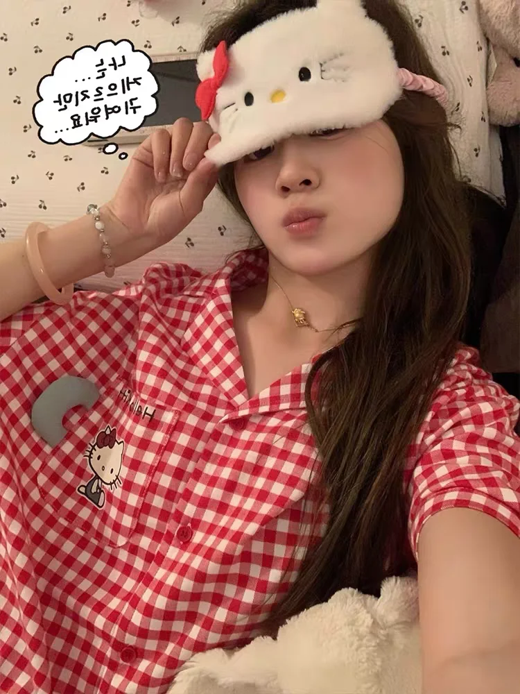 

HelloKit2025 Plaid Cloud Cotton Pajamas Women's ort Sve Home Clothes Tee-piece Set Summer Breathable Comfortable