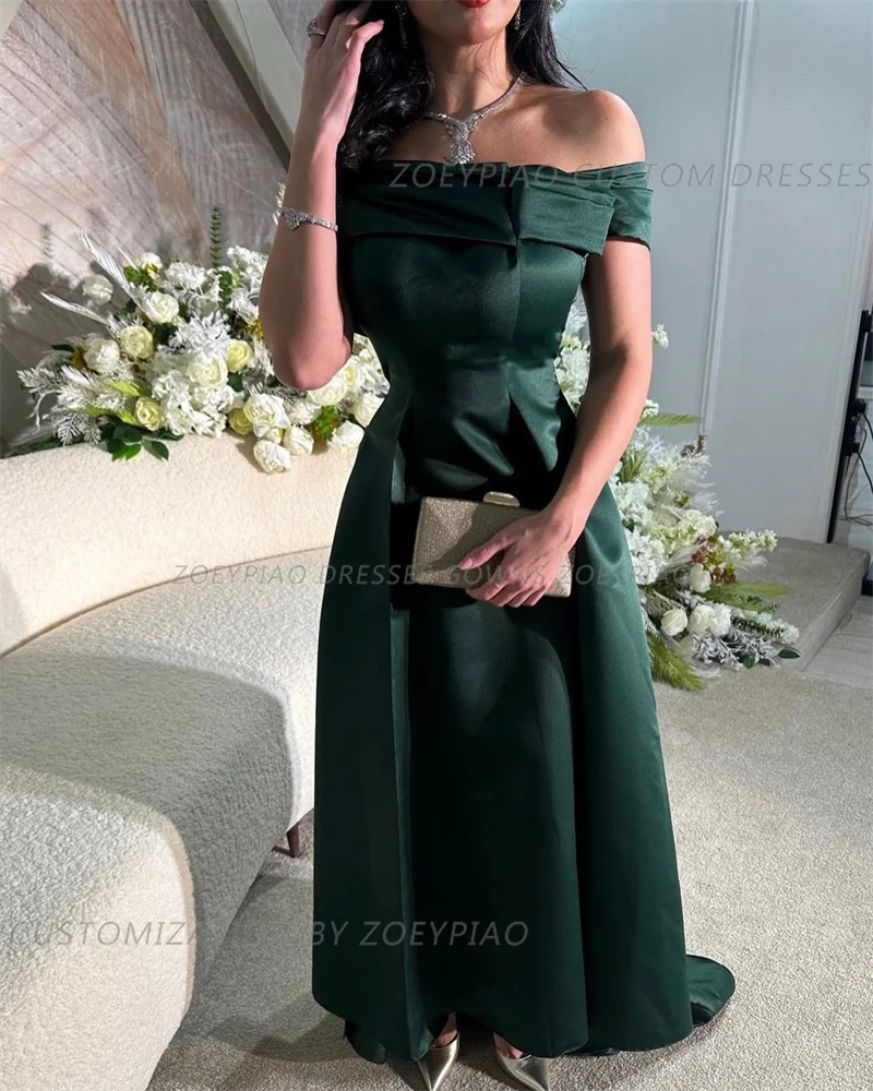 Dark Green Satin Arabic Evening Dress Off Shoulder Short Sleeves Formal High/Low Carpet Celebrity Gowns Dresses For Women