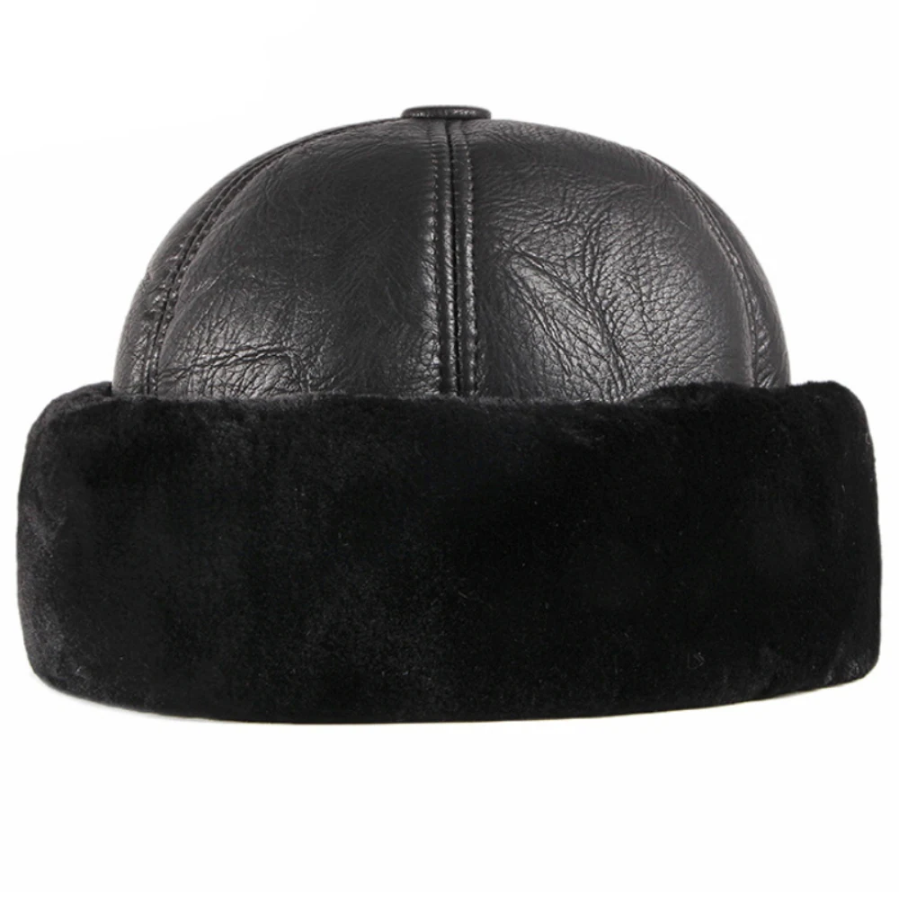 HT4415 High Quality Autumn Winter Cap Hat PU Leather Thick Warm Bomber Hat Solid Black Fleece Lined Russian Cap 6 Panels Fur Hat