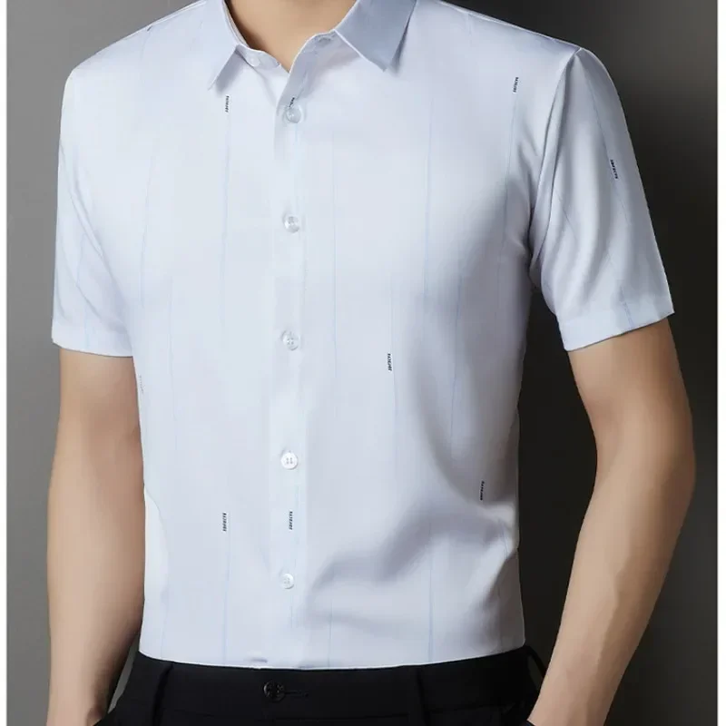 

Summer New Short Sleeve Vintage Shirt Men's Casual Button Striped Letter Print Fashion Blouse Pullovers Turn-down Collar Tops