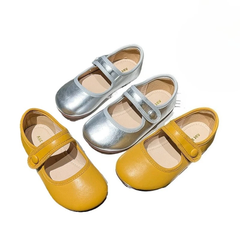 

Детские туфли принцессы на плоской подошве для девочек, желтые классические туфли на мягкой подошве с круглым носком для малышей, весна-лето 2024, детская кожаная обувь