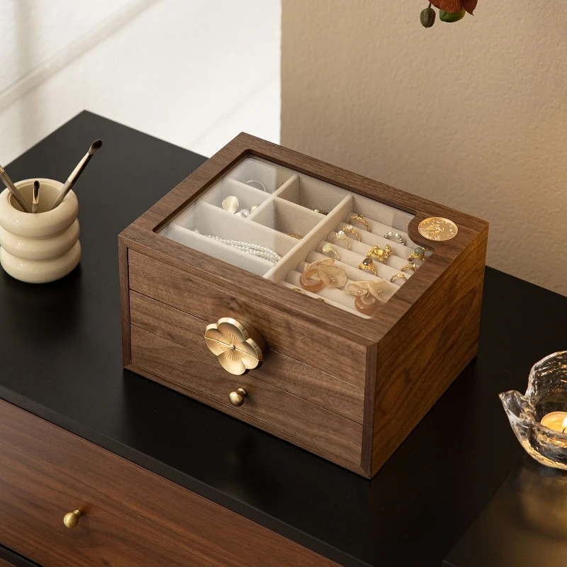 Wooden Jewelry Box Transparent Cover Exquisite Jewelry Storage Boxes Large Capacity Earrings Ring Bracelets Organizer for Woman
